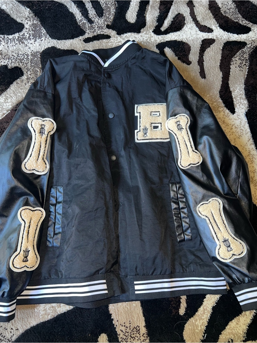 Black Varsity Jacket with Tan Bone Patches
